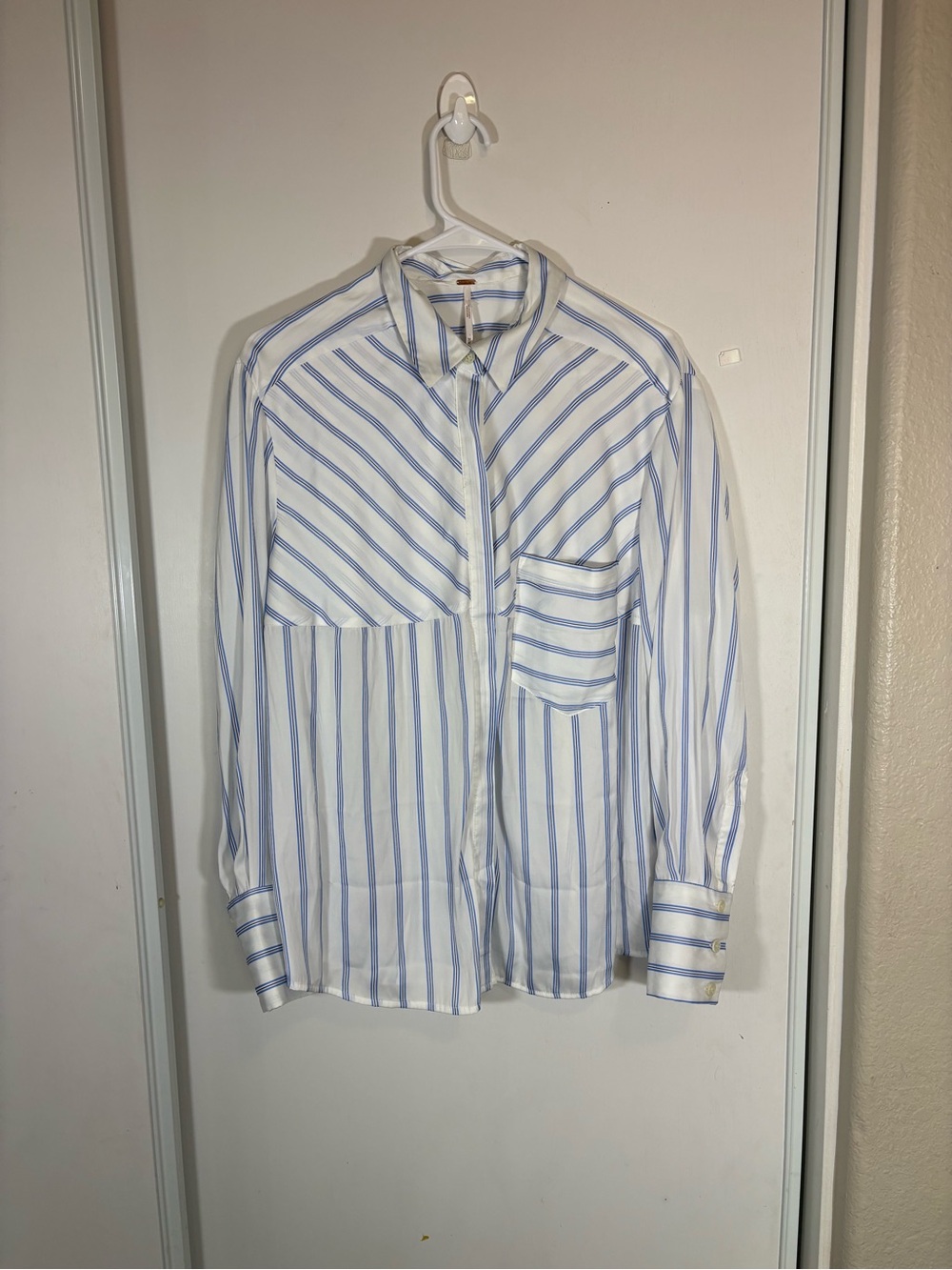 Free People Womens Striped Button Up Shirt‎ Blue White Size Medium